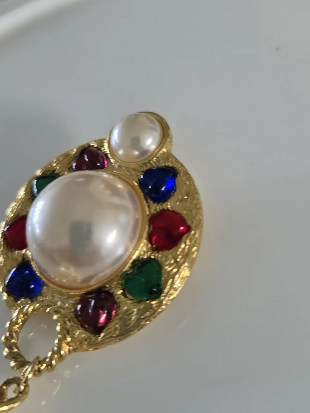 Vintage Gold-Tone Multicolor Hearts & Faux Pearl Drop Brooch